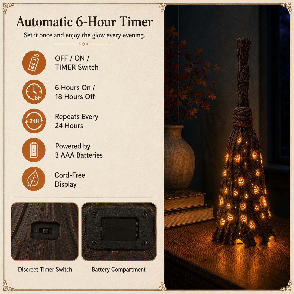 Lighted Pumpkin Broom Resin Figurine