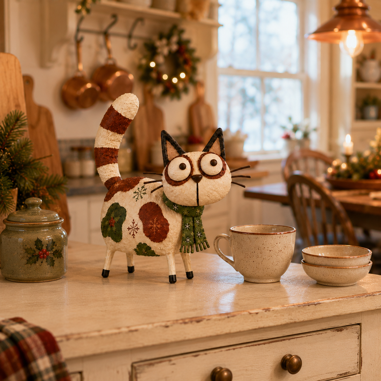 Whimsical Wide-Eyed Christmas Cat Figurine
