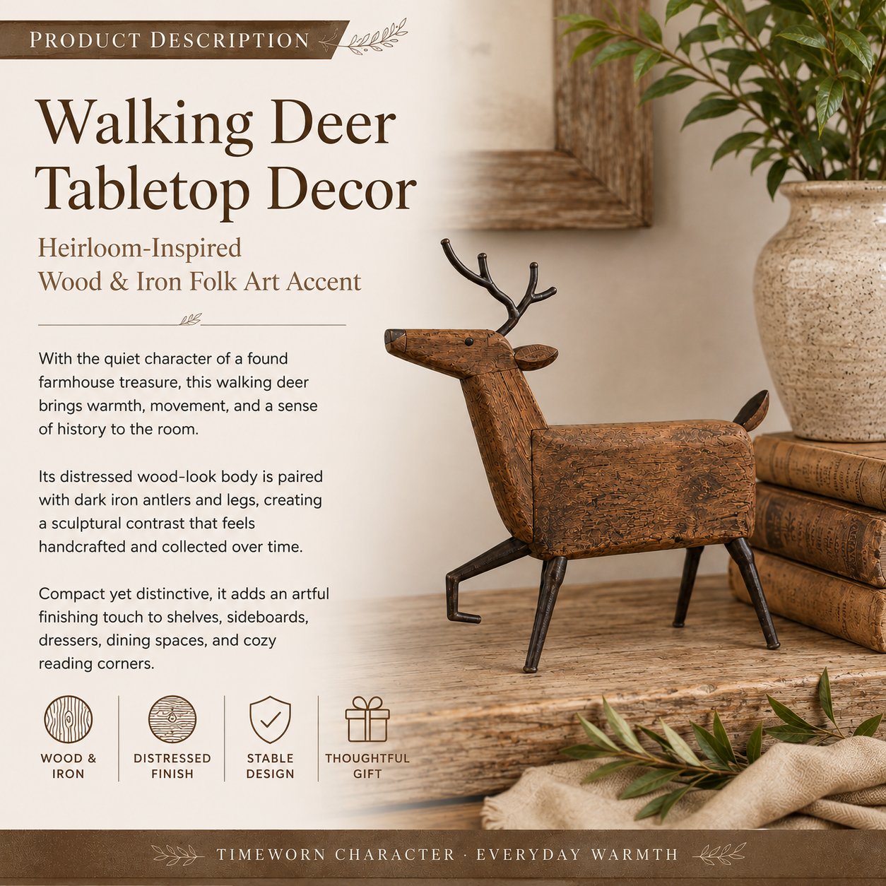 Heirloom-Inspired Wood & Iron Walking Deer Tabletop Decor