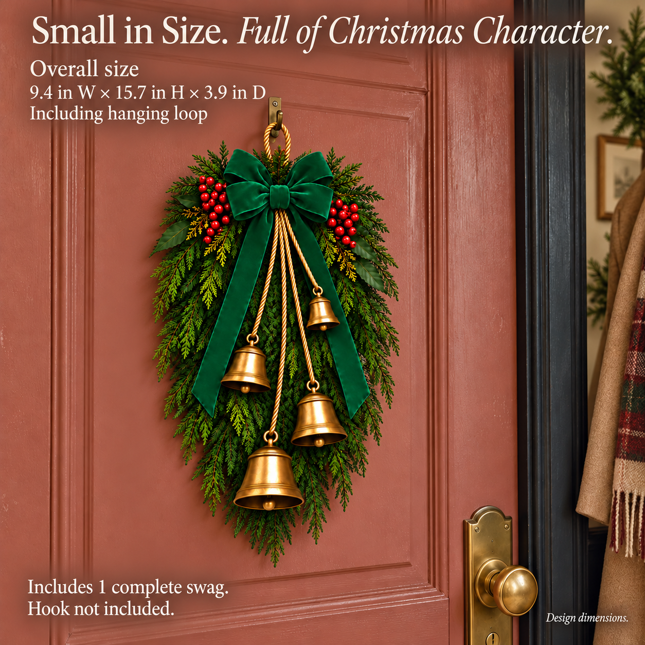 Green Velvet Bow & Four-Bell Christmas Swag