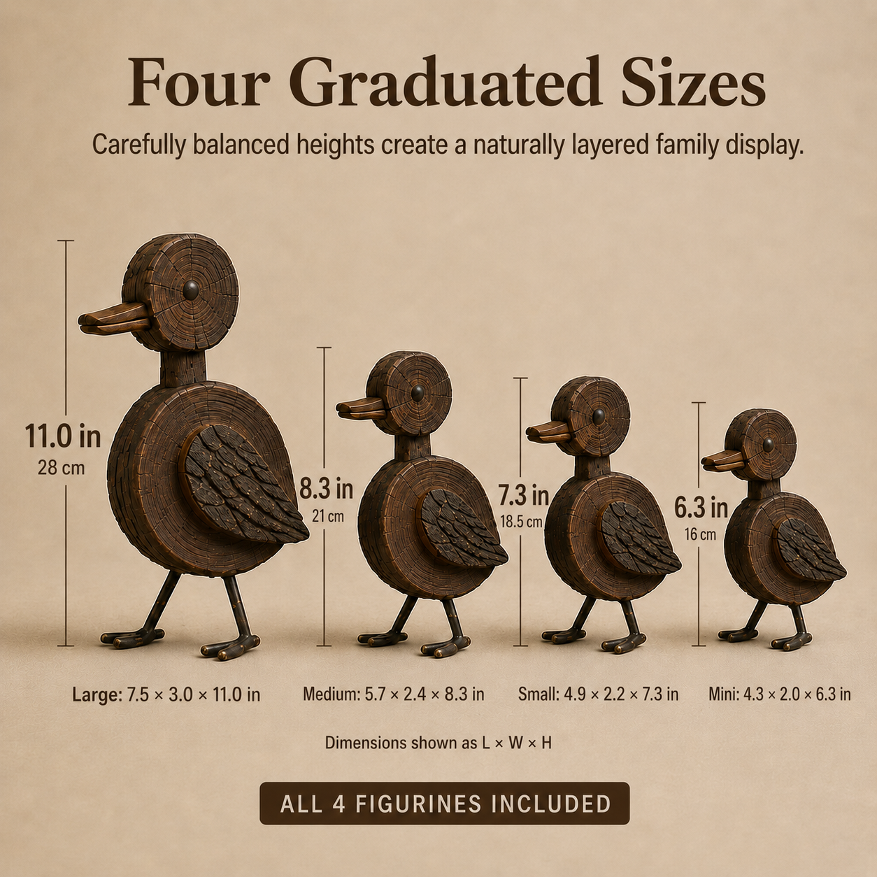 4Pcs Rustic Woodgrain Duck Family Figurines