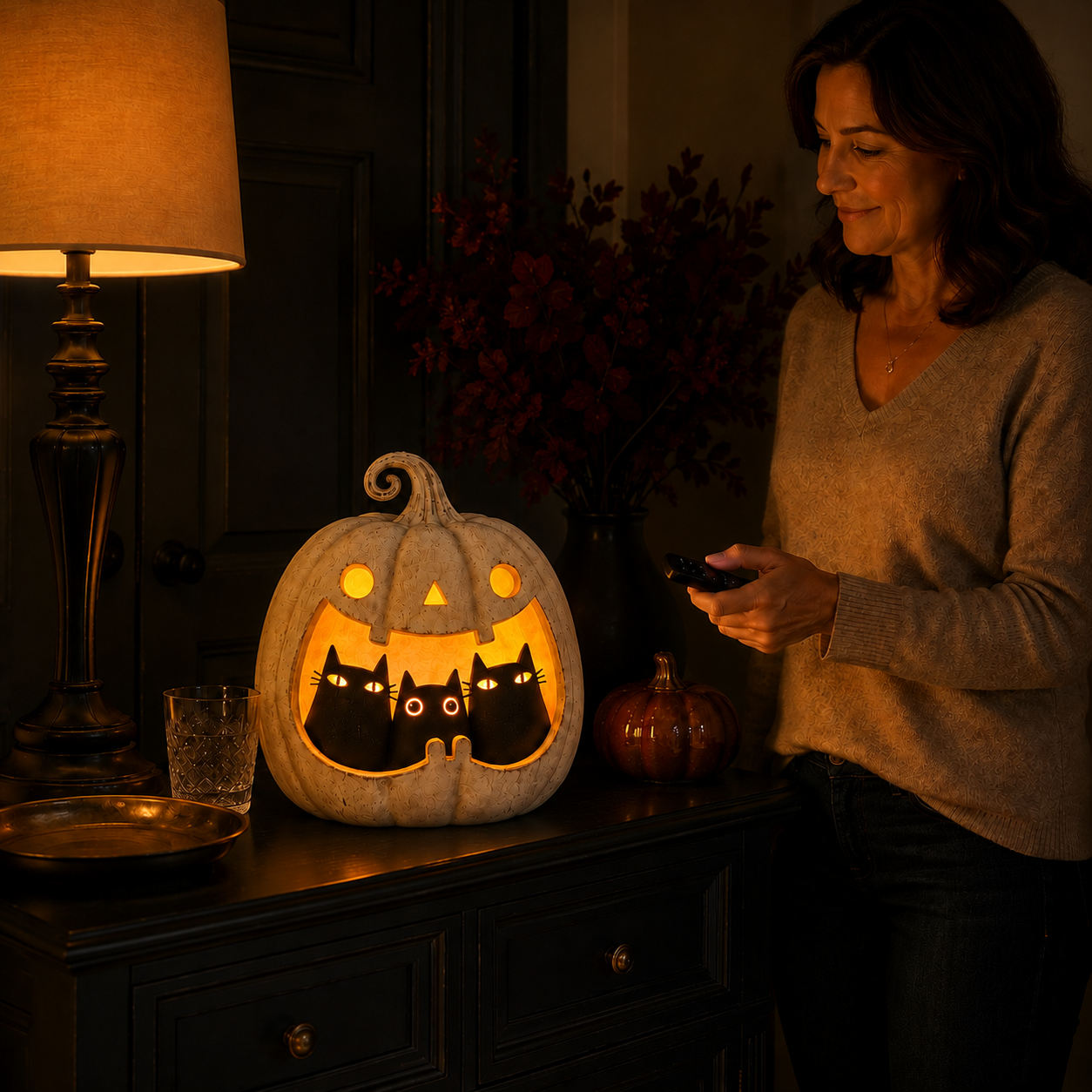 Three Mischief Cats Lighted Pumpkin