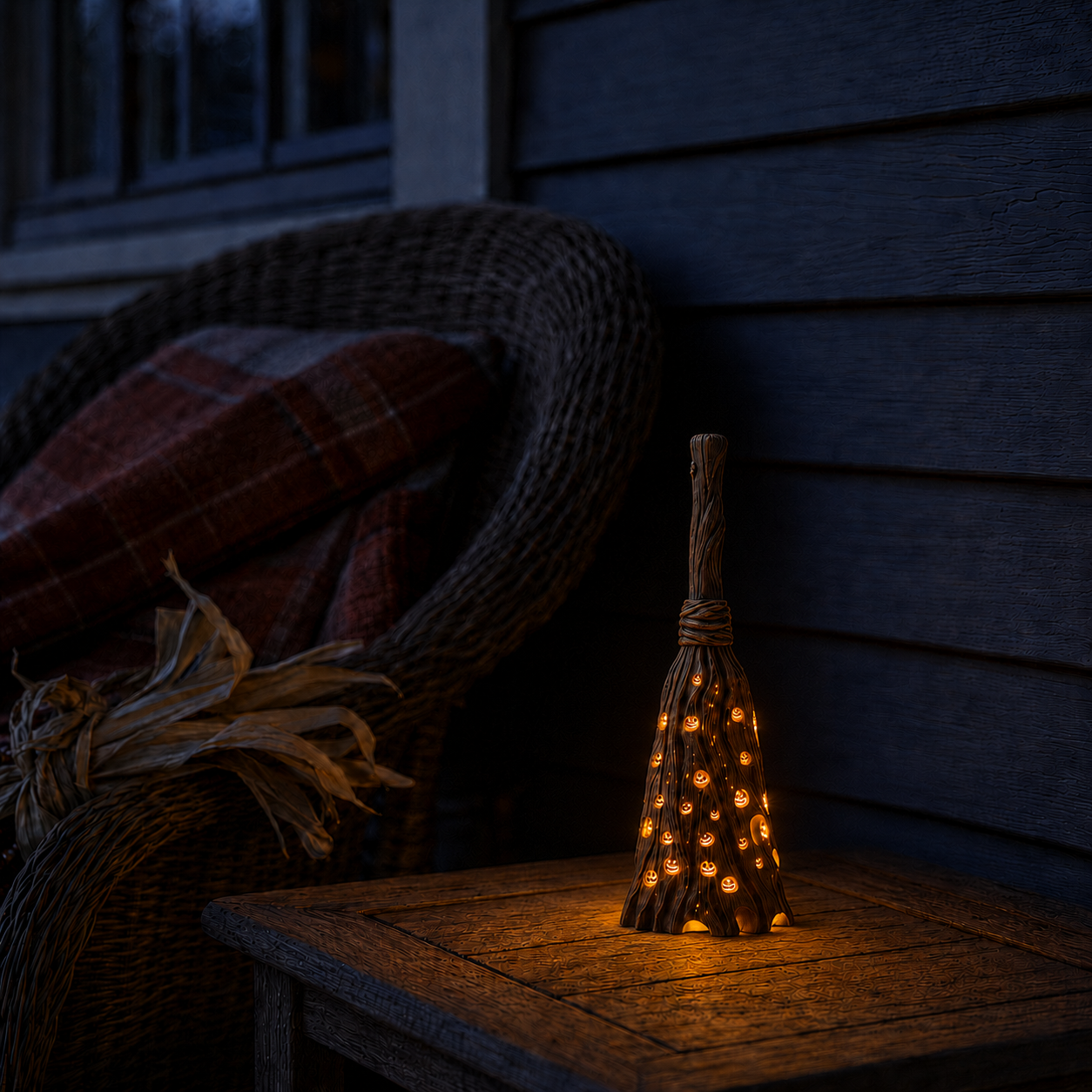 Lighted Pumpkin Broom Resin Figurine