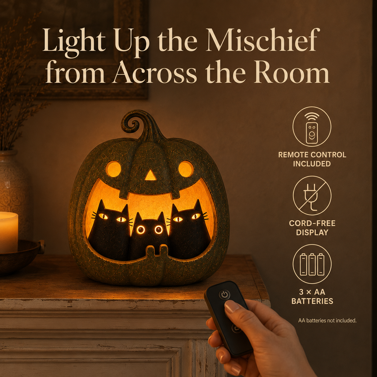Three Mischief Cats Lighted Pumpkin