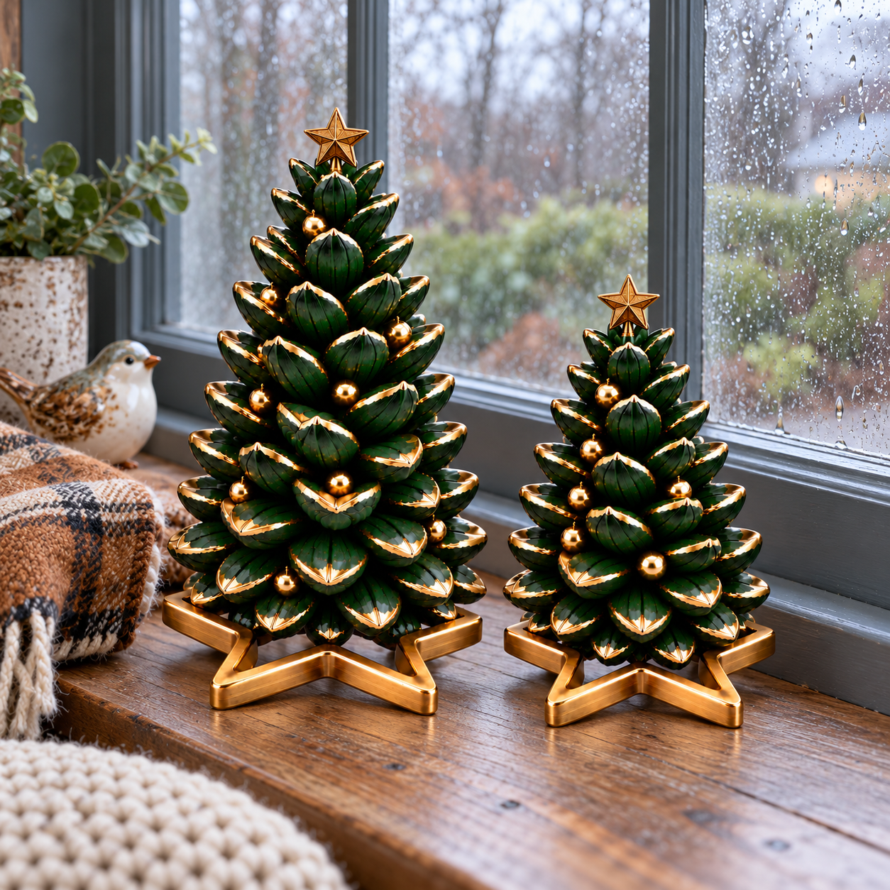 Gold-Trimmed Pinecone Christmas Tree Duo