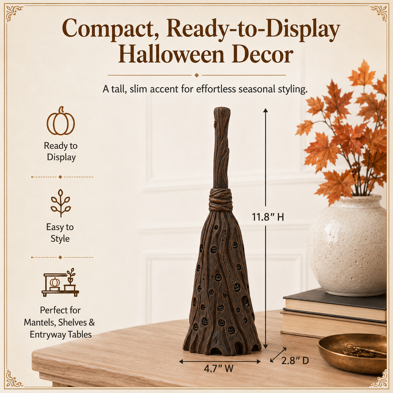 Lighted Pumpkin Broom Resin Figurine