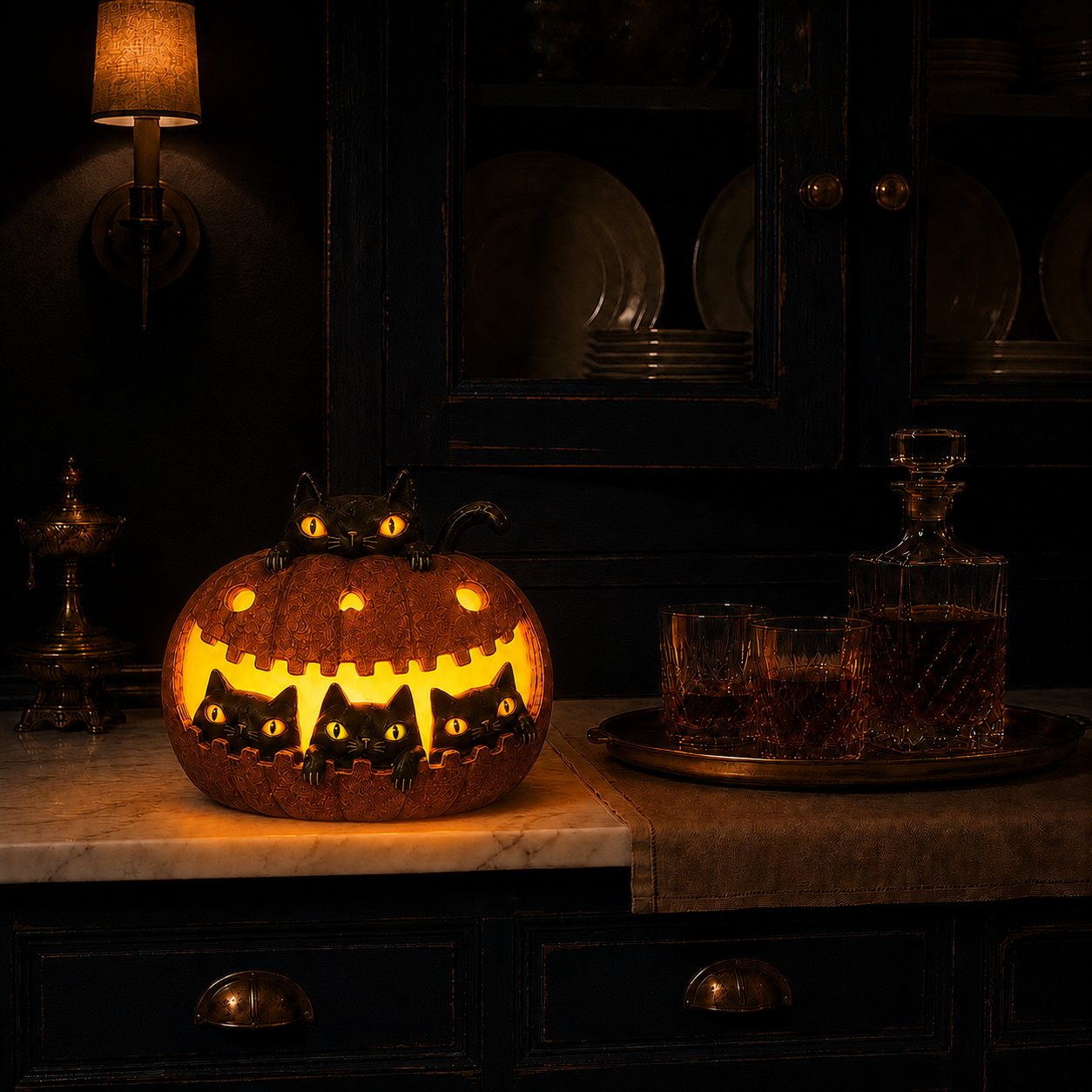 Lighted Black Cat Pumpkin