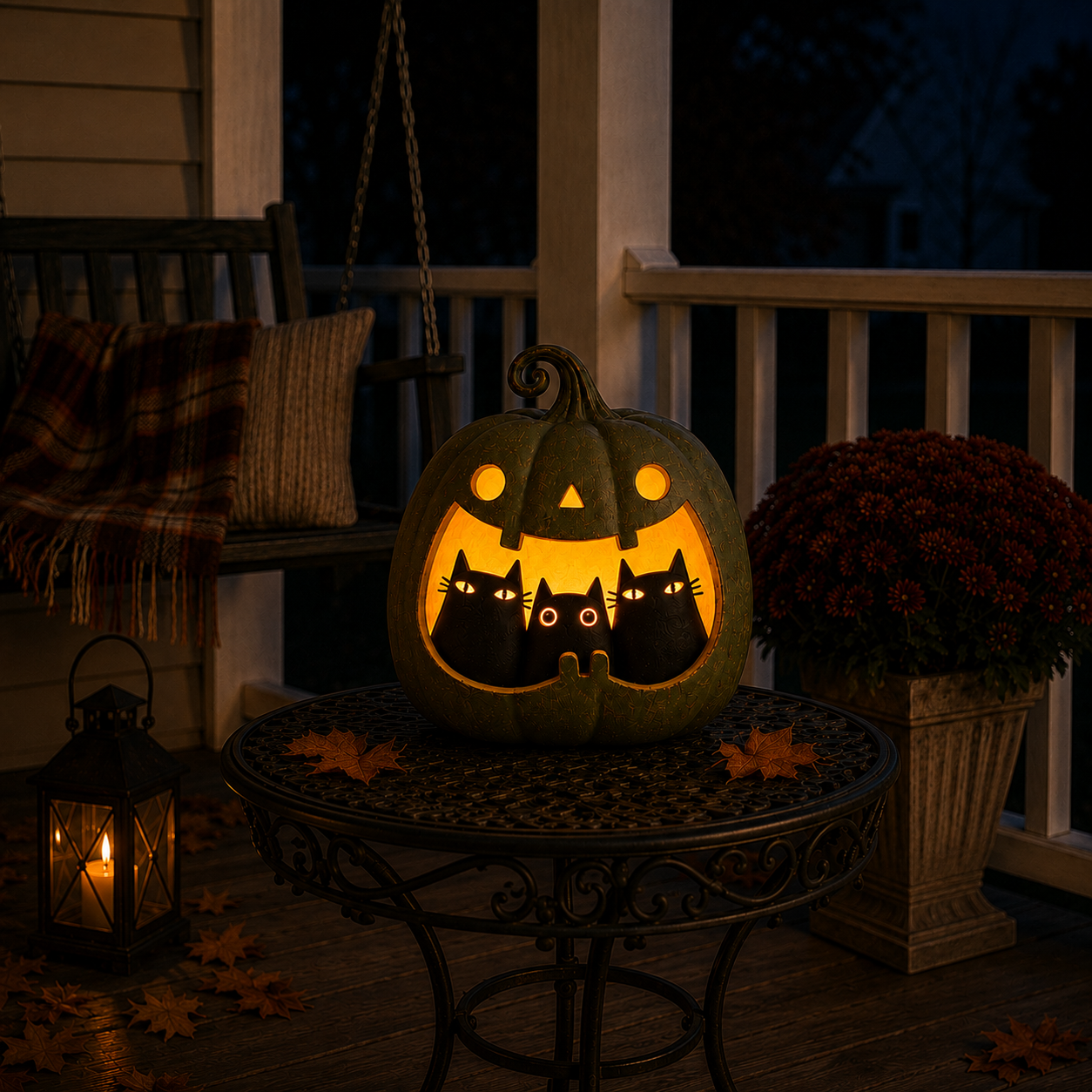 Three Mischief Cats Lighted Pumpkin