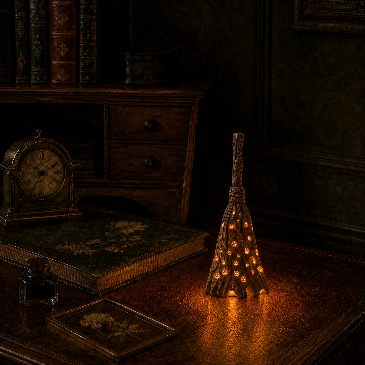 Lighted Pumpkin Broom Resin Figurine