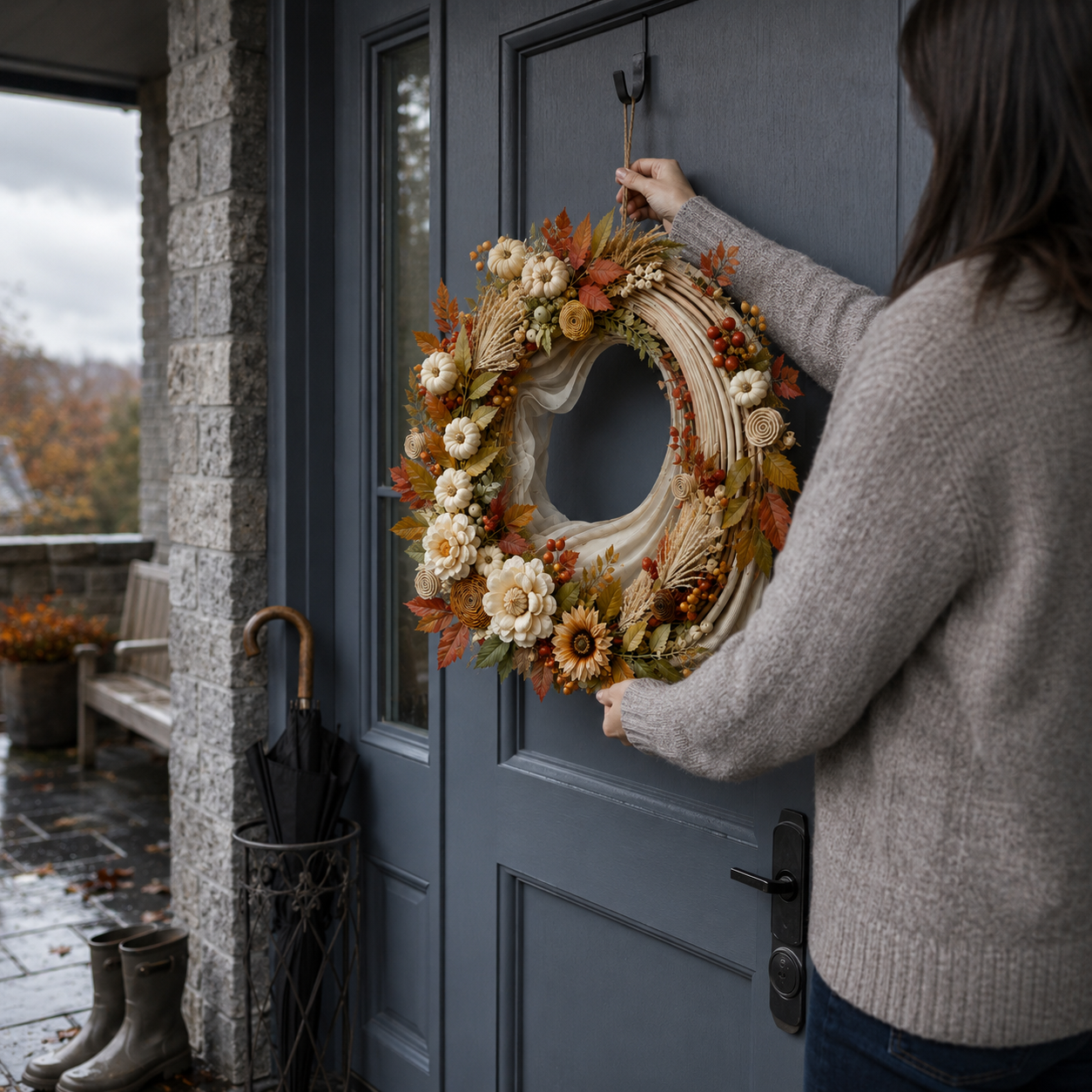 Lighted Pumpkin Harvest Wreath