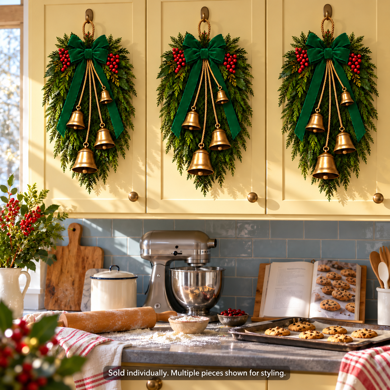 Green Velvet Bow & Four-Bell Christmas Swag