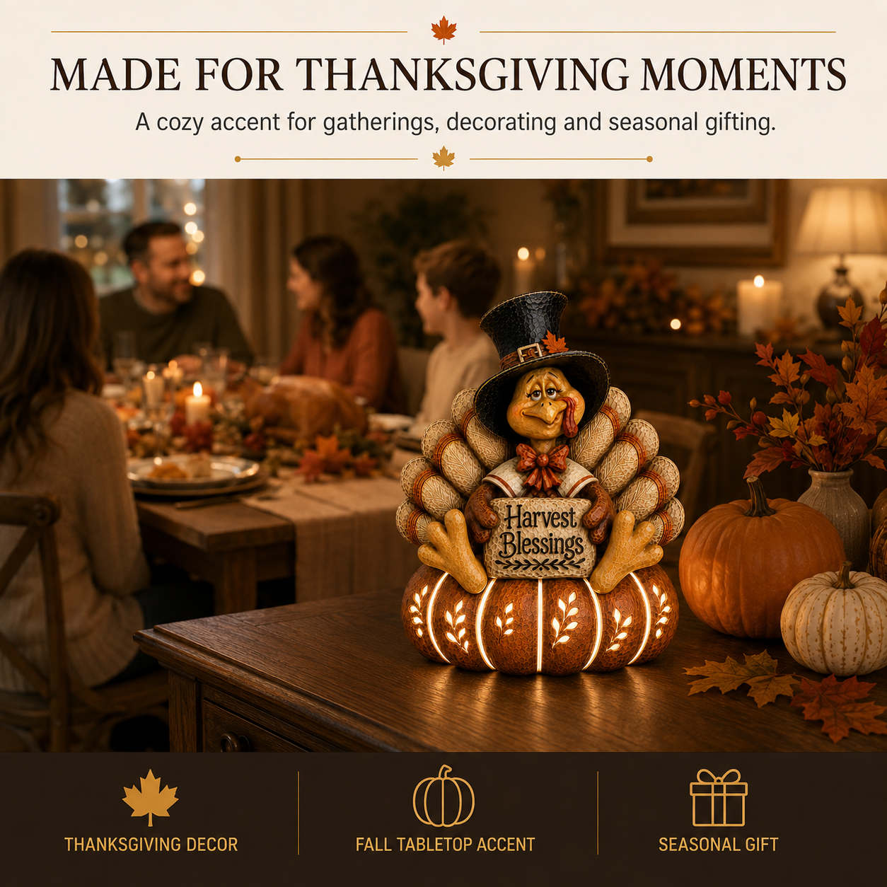 Lighted Harvest Blessings Turkey Decor