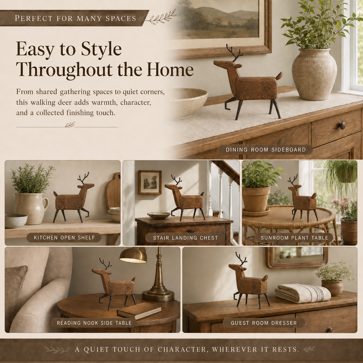 Heirloom-Inspired Wood & Iron Walking Deer Tabletop Decor