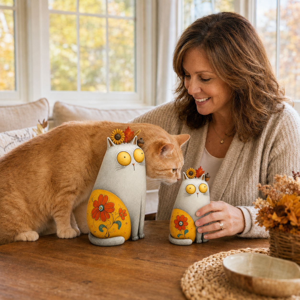Autumn Bloom Cat Figurine Set