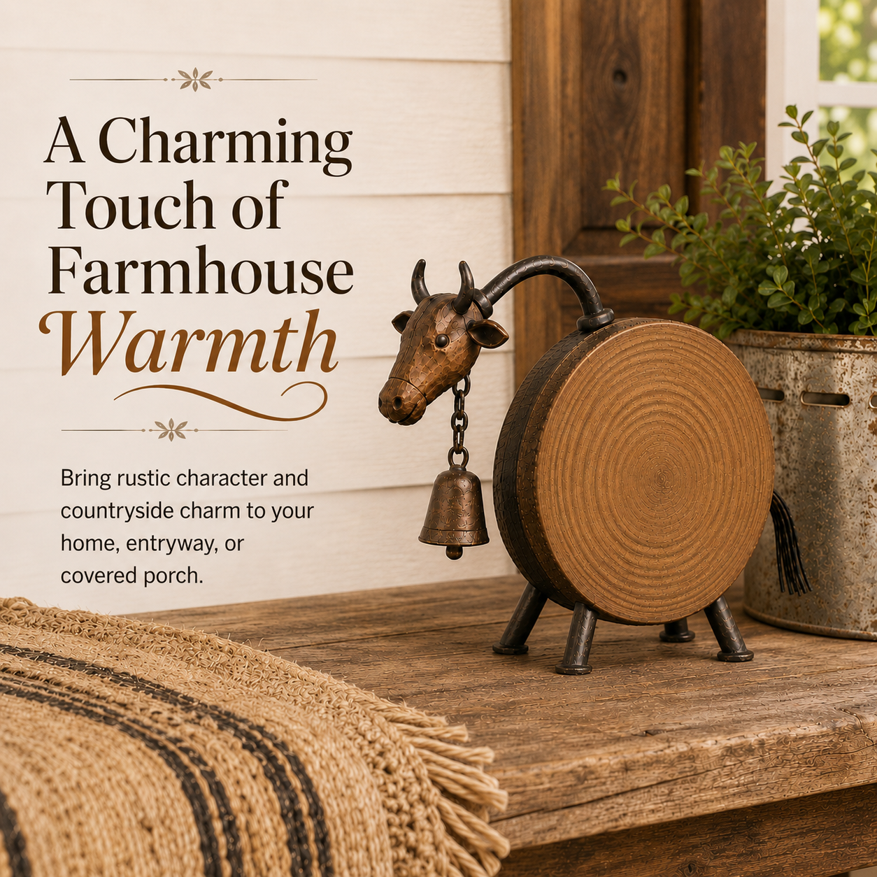 Rustic Wood-Look Farmhouse Cow Sculpture