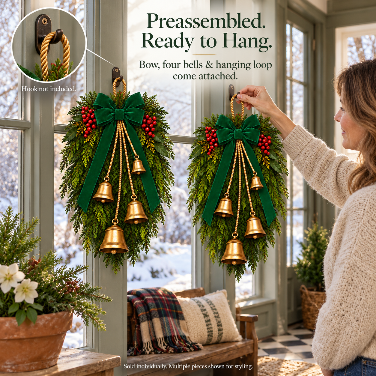 Green Velvet Bow & Four-Bell Christmas Swag
