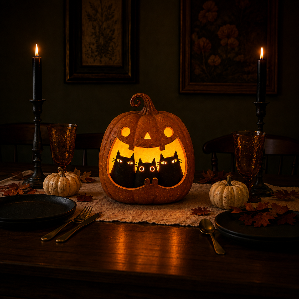 Three Mischief Cats Lighted Pumpkin