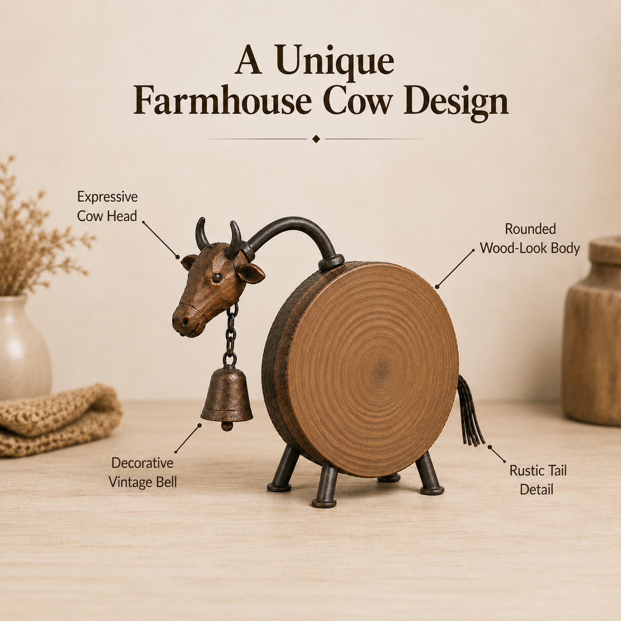 Rustic Wood-Look Farmhouse Cow Sculpture