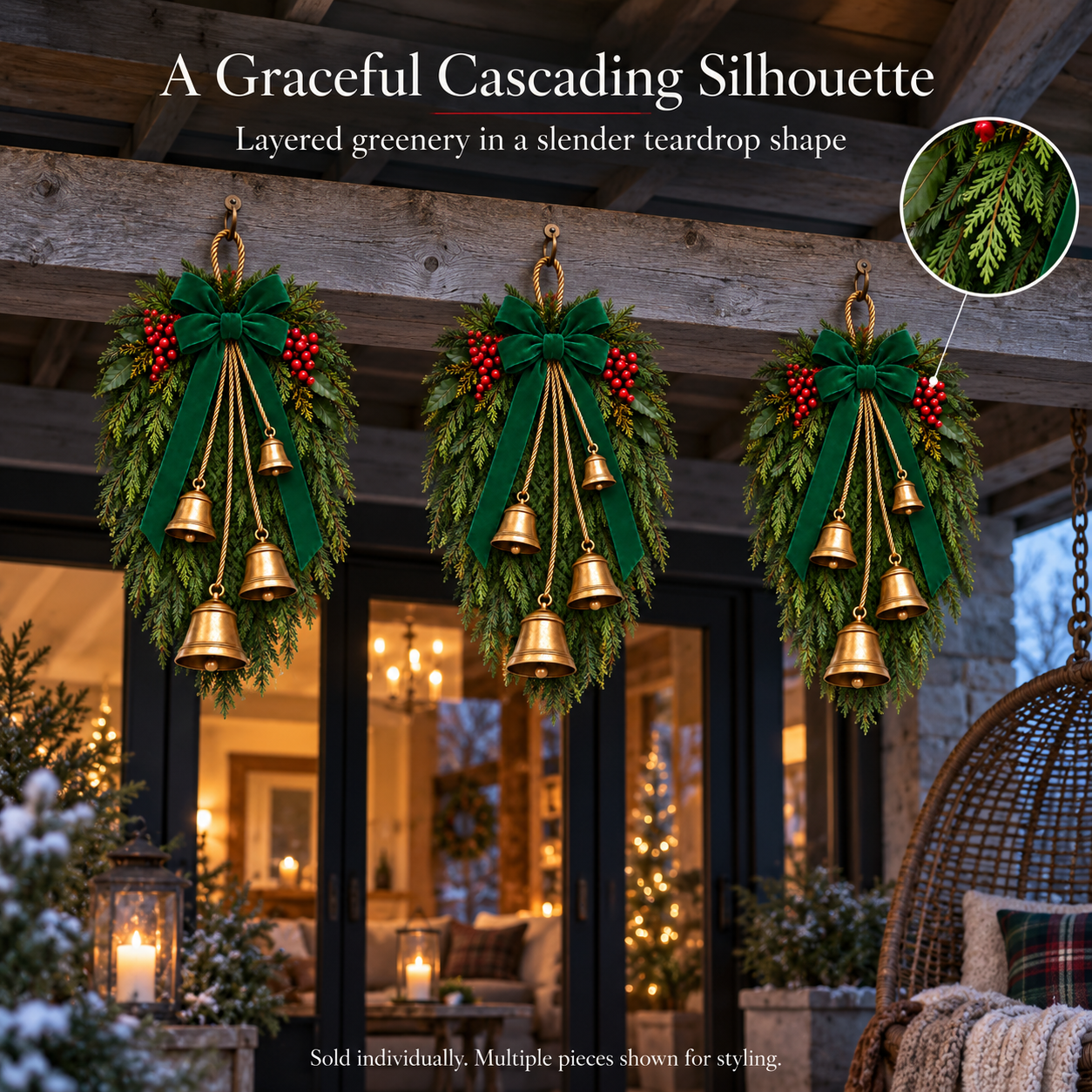 Green Velvet Bow & Four-Bell Christmas Swag
