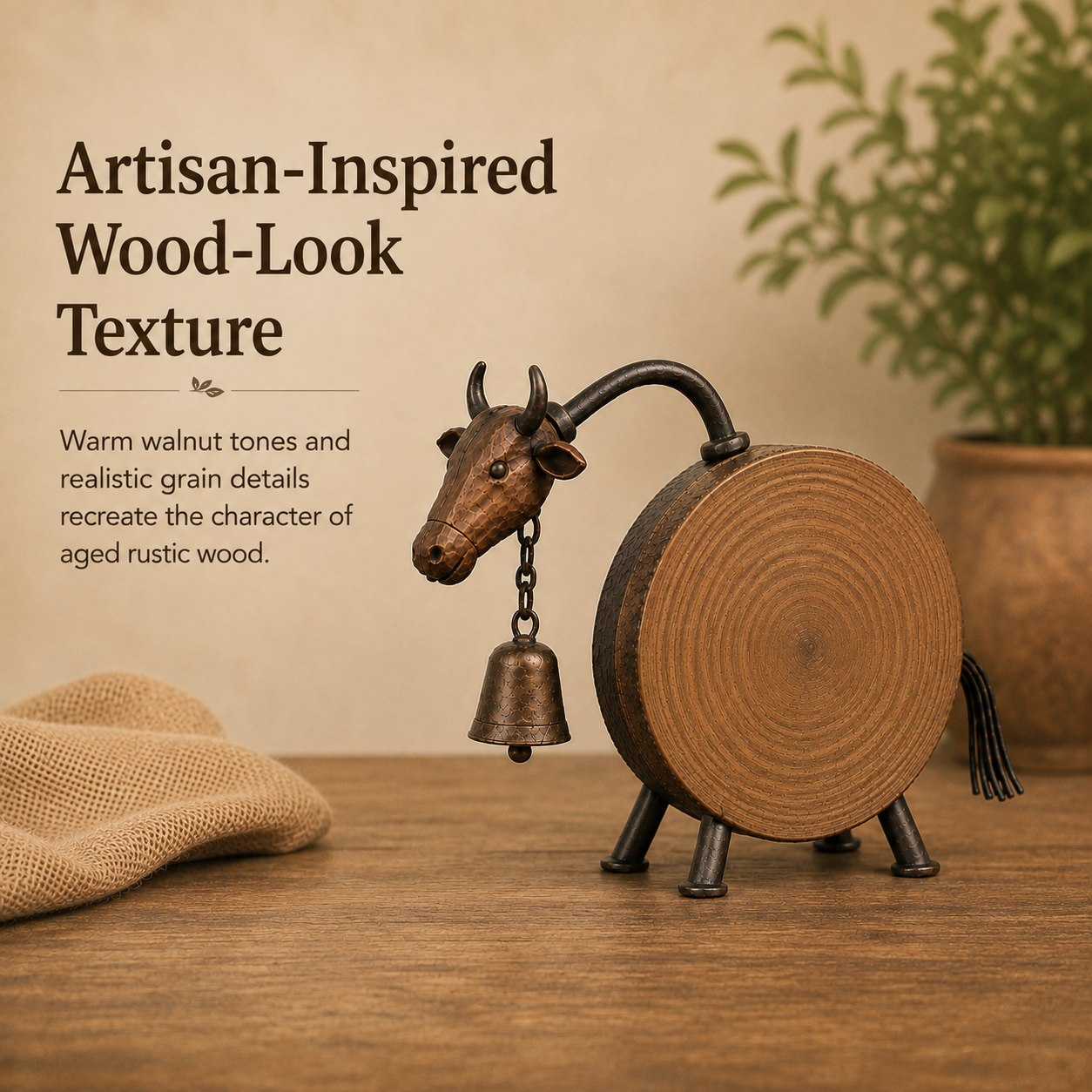 Rustic Wood-Look Farmhouse Cow Sculpture
