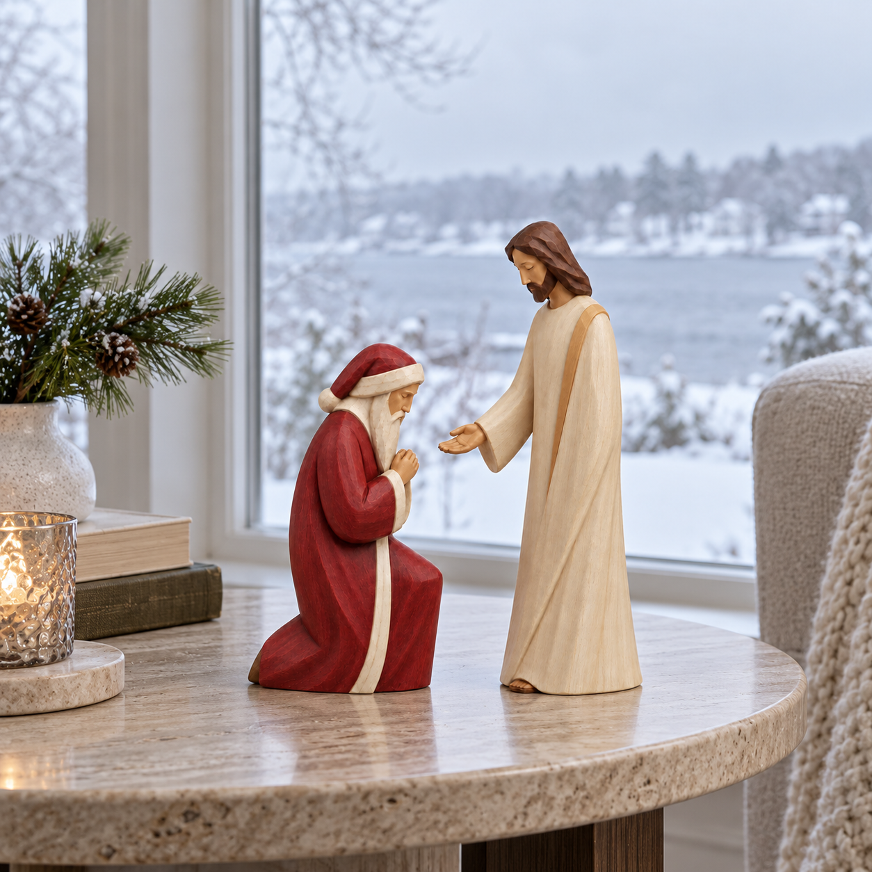Santa Kneels Before Jesus Christmas Figurine Set