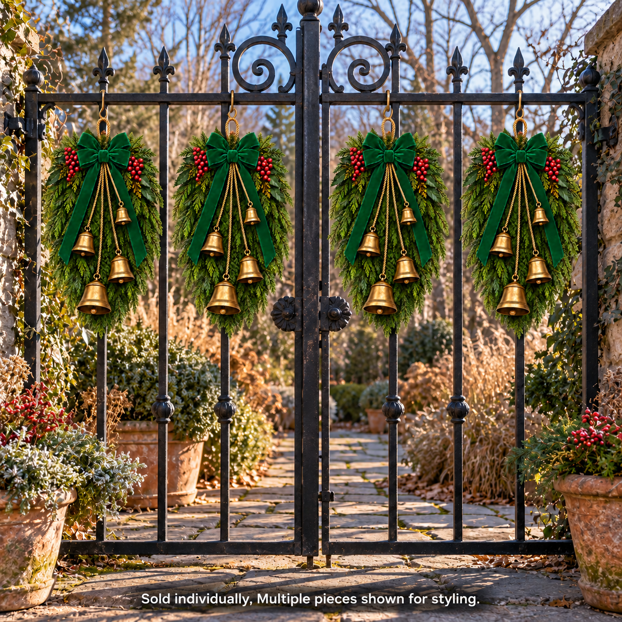 Green Velvet Bow & Four-Bell Christmas Swag