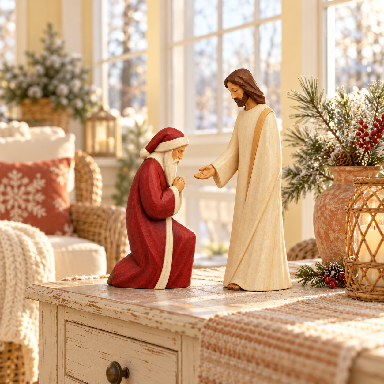 Santa Kneels Before Jesus Christmas Figurine Set