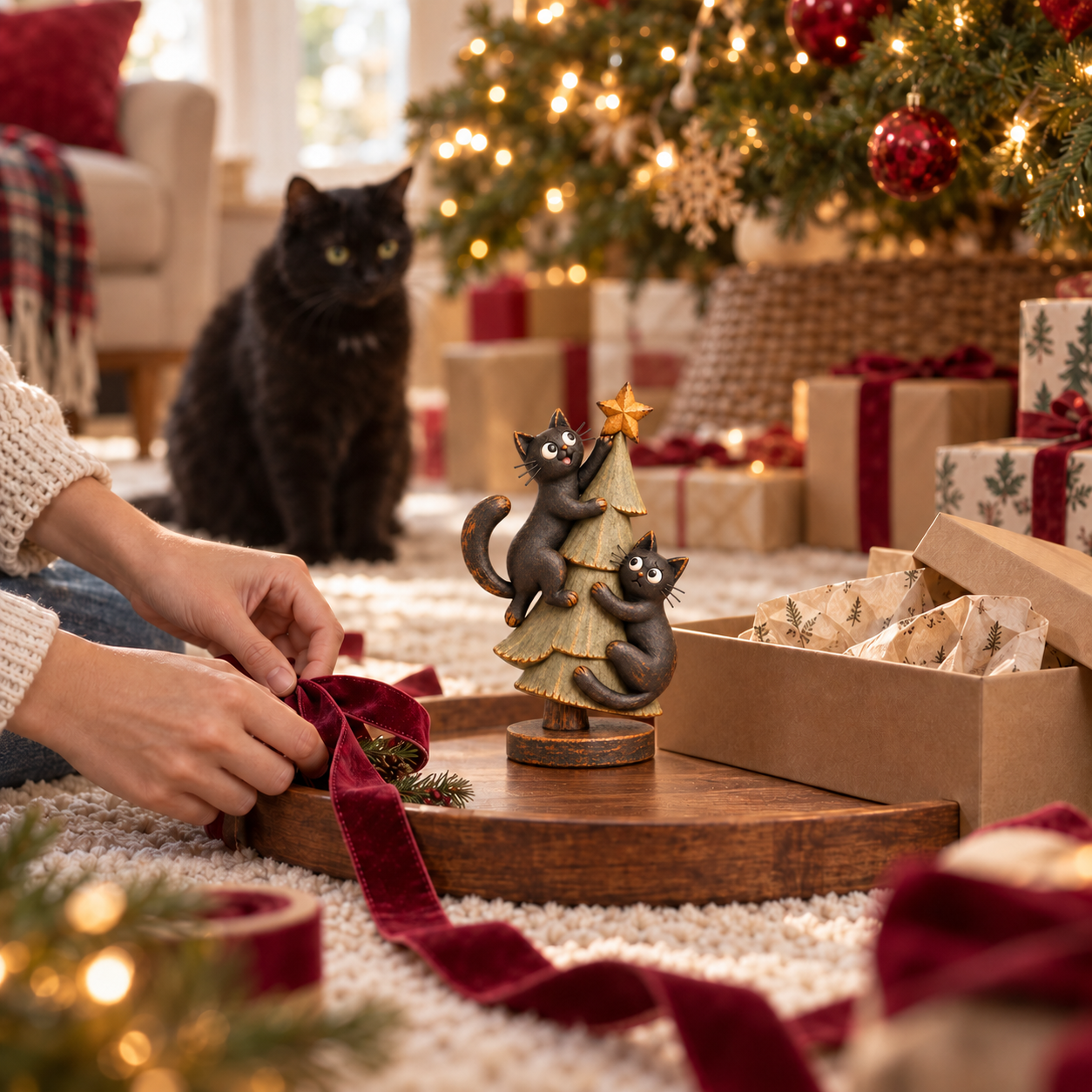 Mischievous Black Cats Christmas Tree Figurine