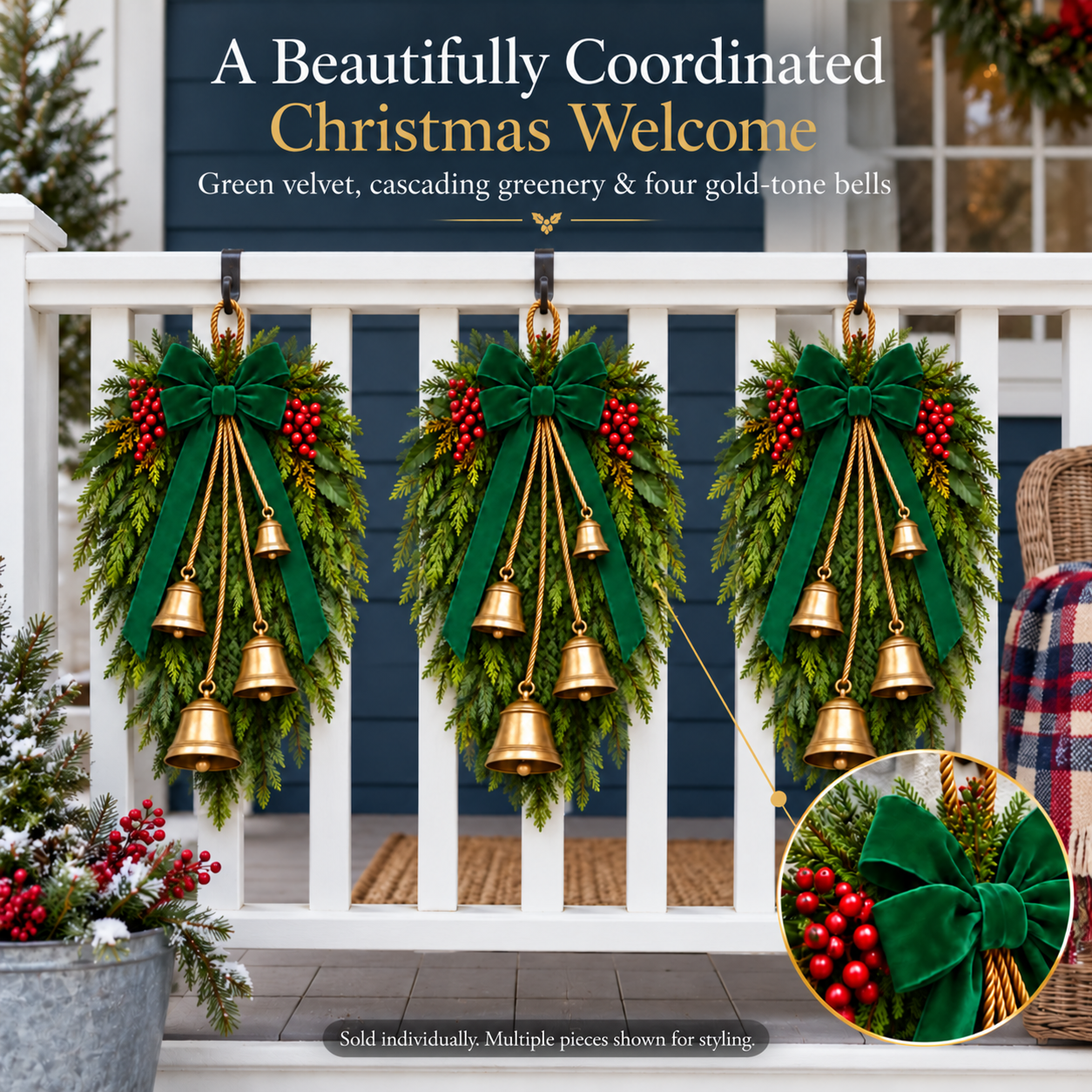 Green Velvet Bow & Four-Bell Christmas Swag