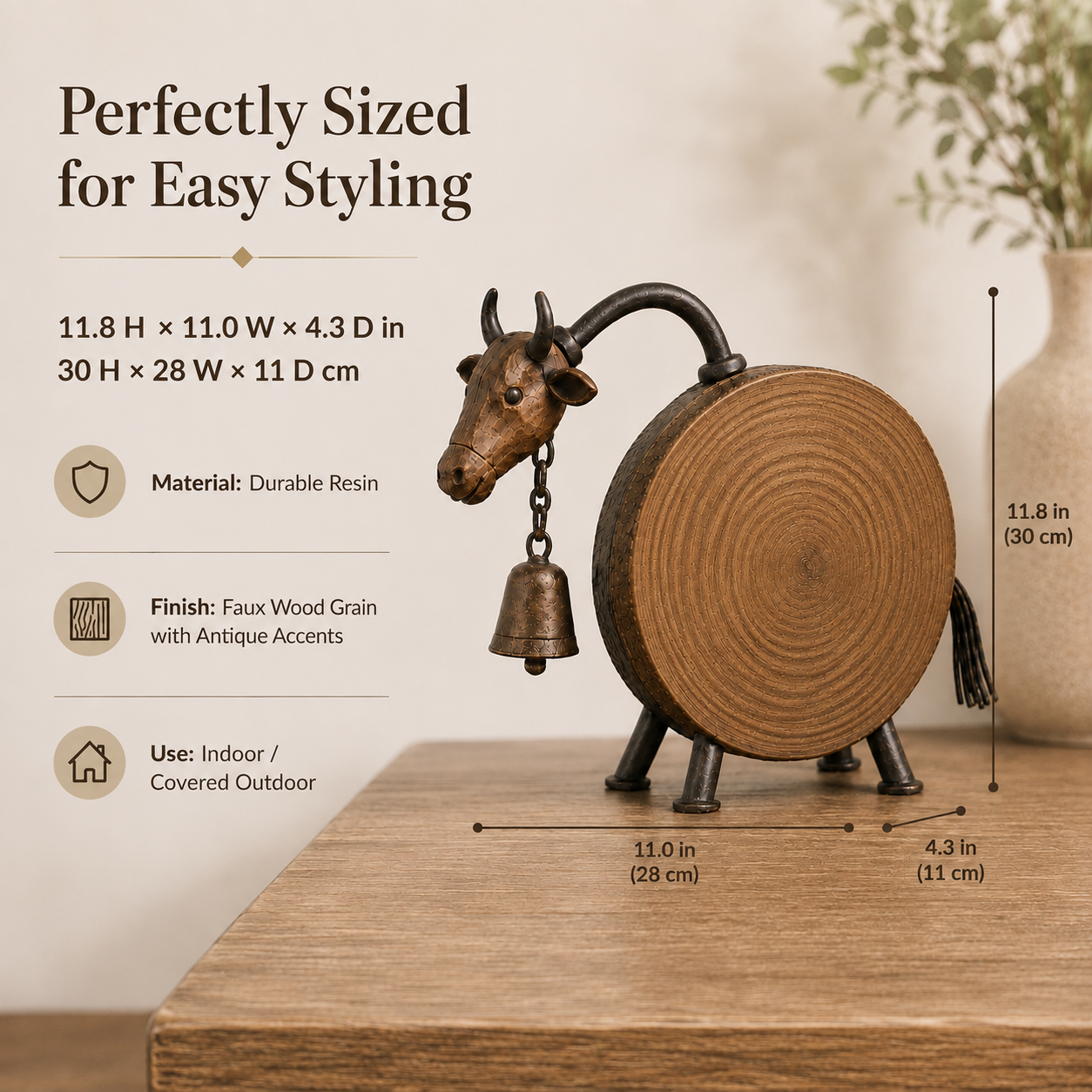 Rustic Wood-Look Farmhouse Cow Sculpture