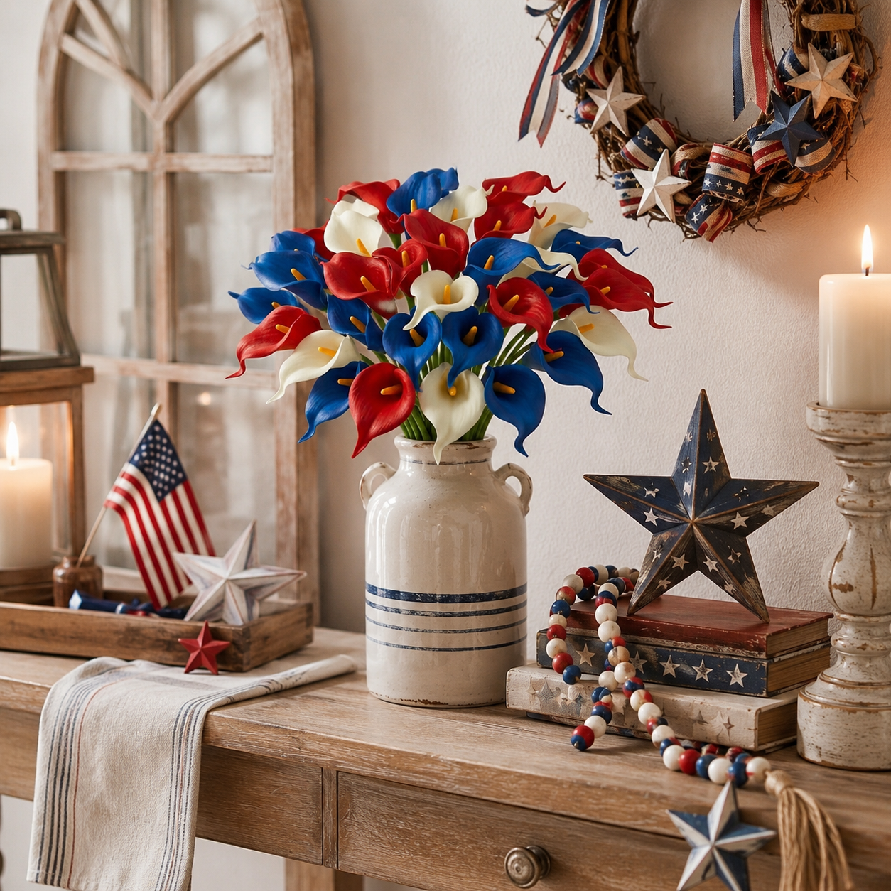 Red, White & Blue Artificial Calla Lily Bouquets – Patriotic Centerpiece for Home, Table & Outdoor Decor