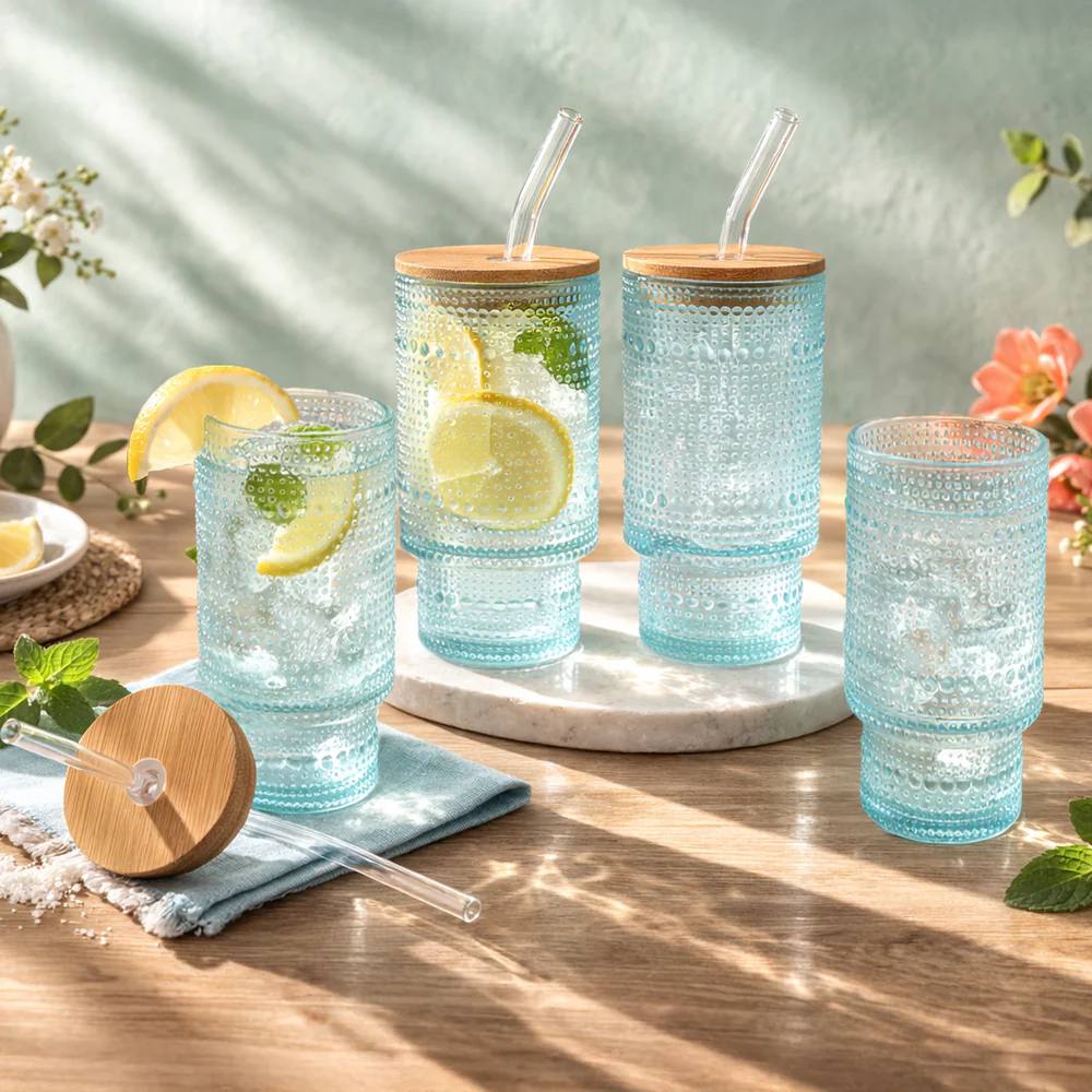 Hobnail Blue Glasses with Bamboo Lids and Glass Straws - Set of 4