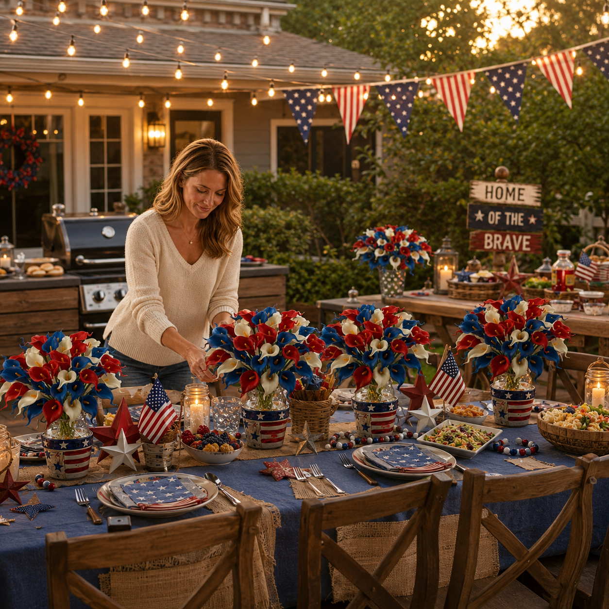 Red, White & Blue Artificial Calla Lily Bouquets – Patriotic Centerpiece for Home, Table & Outdoor Decor