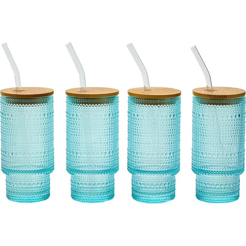 Hobnail Blue Glasses with Bamboo Lids and Glass Straws - Set of 4