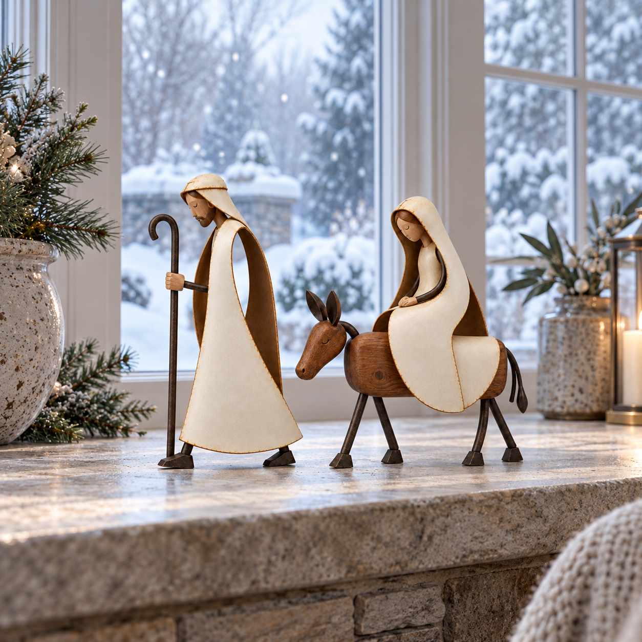 Journey to Bethlehem – Joseph & Mary Wood & Iron Nativity Figurine Set