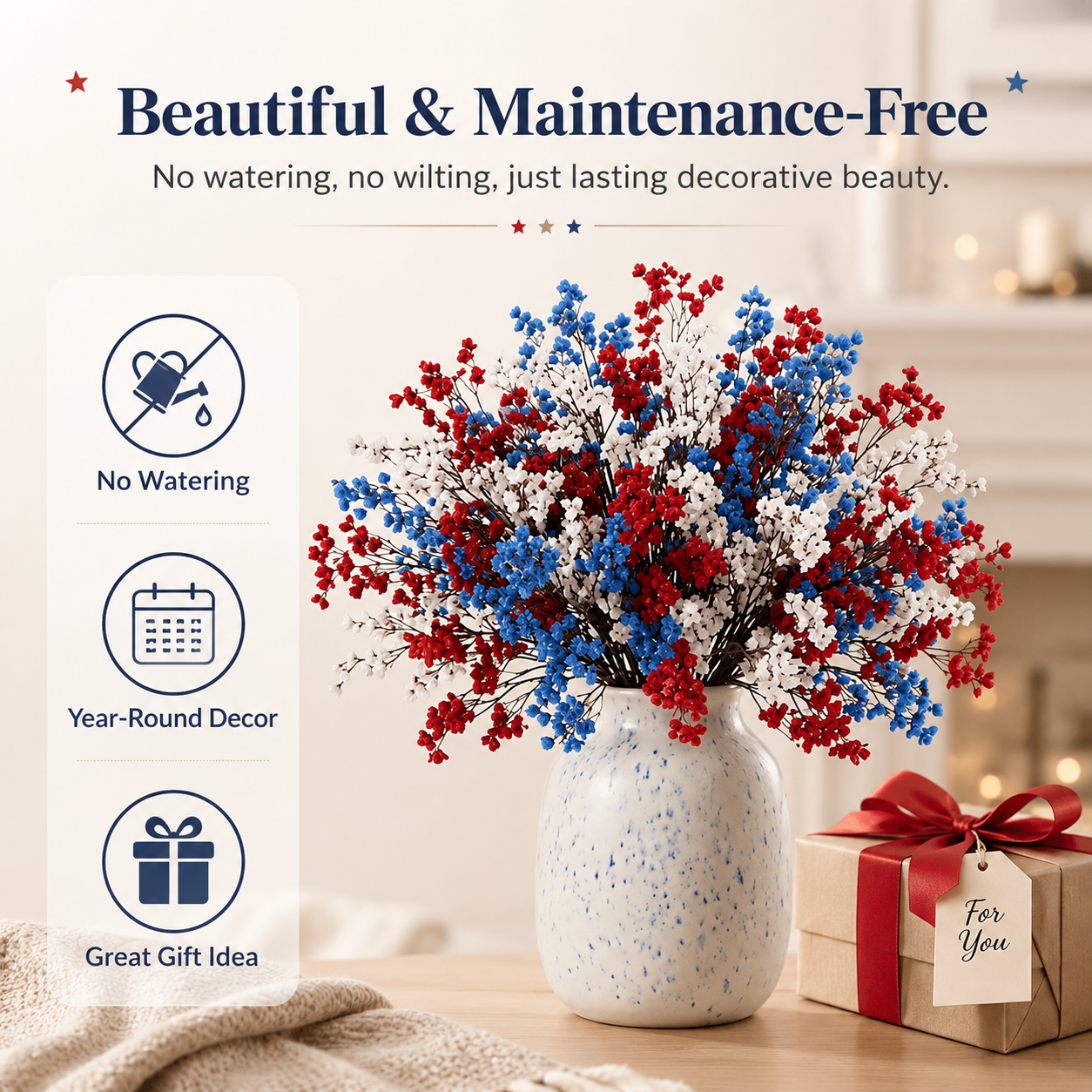 24 Pcs Baby’s Breath & Winter Plum Bouquet –  8 Red + 8 Blue + 8 White Gypsophila Stems