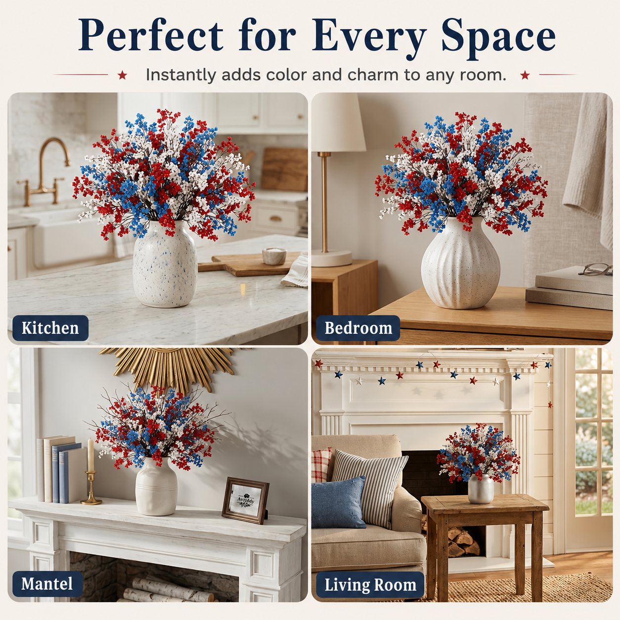 24 Pcs Baby’s Breath & Winter Plum Bouquet –  8 Red + 8 Blue + 8 White Gypsophila Stems