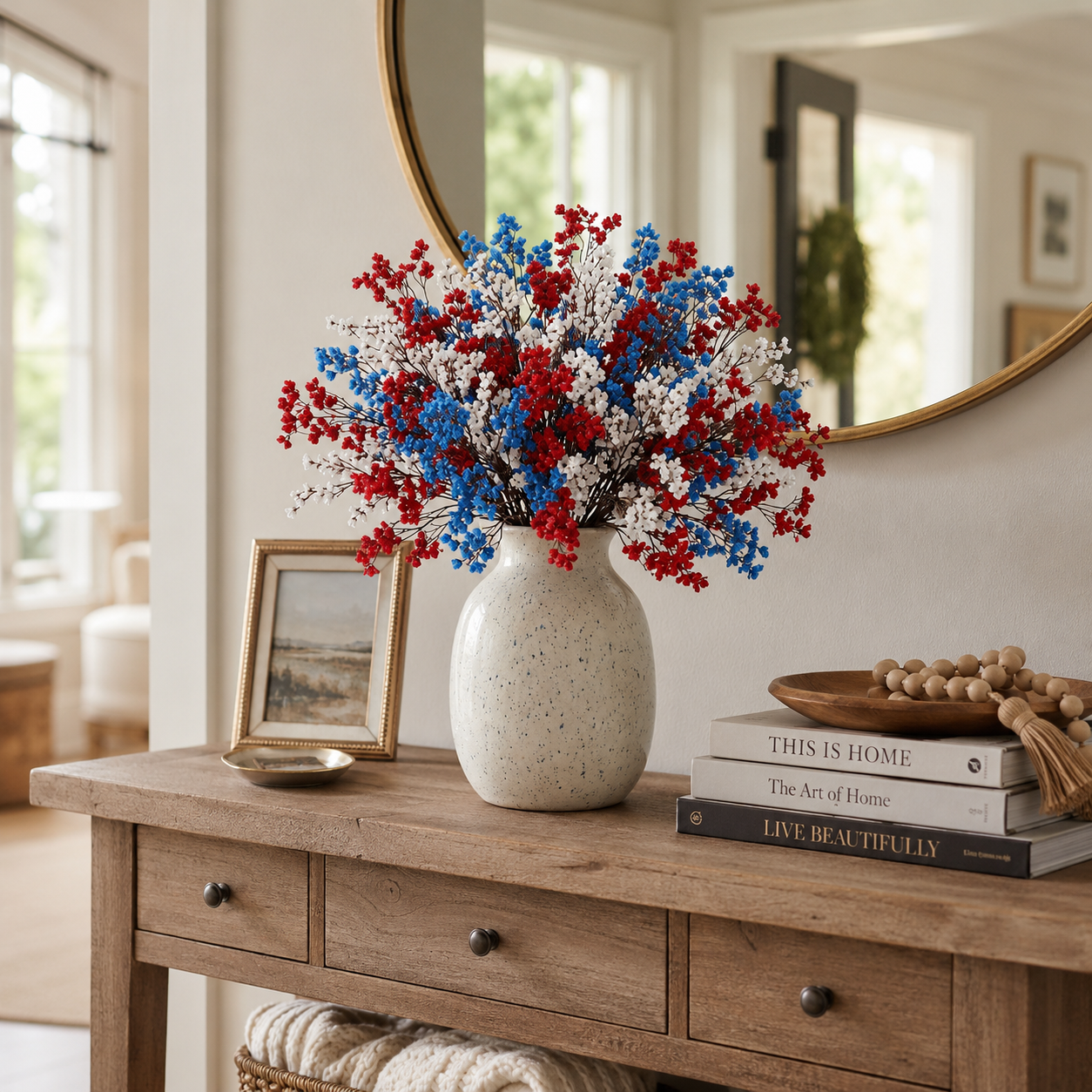 24 Pcs Baby’s Breath & Winter Plum Bouquet –  8 Red + 8 Blue + 8 White Gypsophila Stems