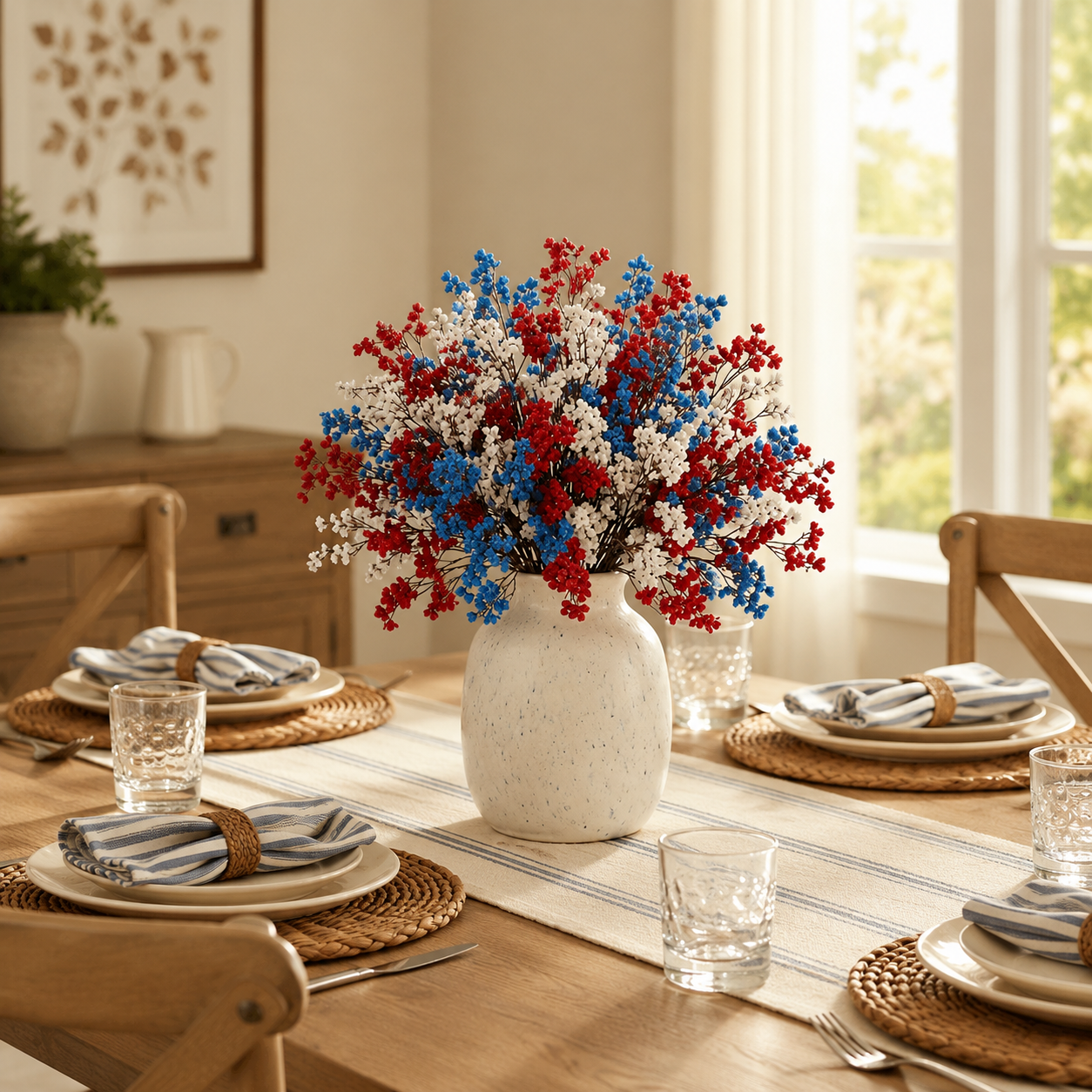 24 Pcs Baby’s Breath & Winter Plum Bouquet –  8 Red + 8 Blue + 8 White Gypsophila Stems