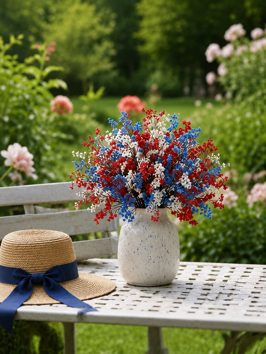 24 Pcs Baby’s Breath & Winter Plum Bouquet –  8 Red + 8 Blue + 8 White Gypsophila Stems