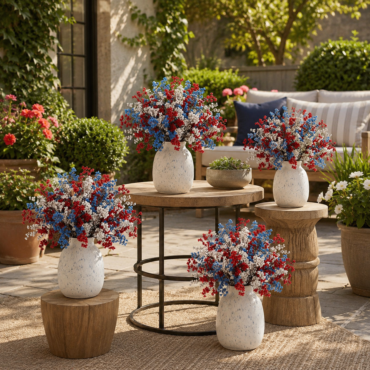 24 Pcs Baby’s Breath & Winter Plum Bouquet –  8 Red + 8 Blue + 8 White Gypsophila Stems