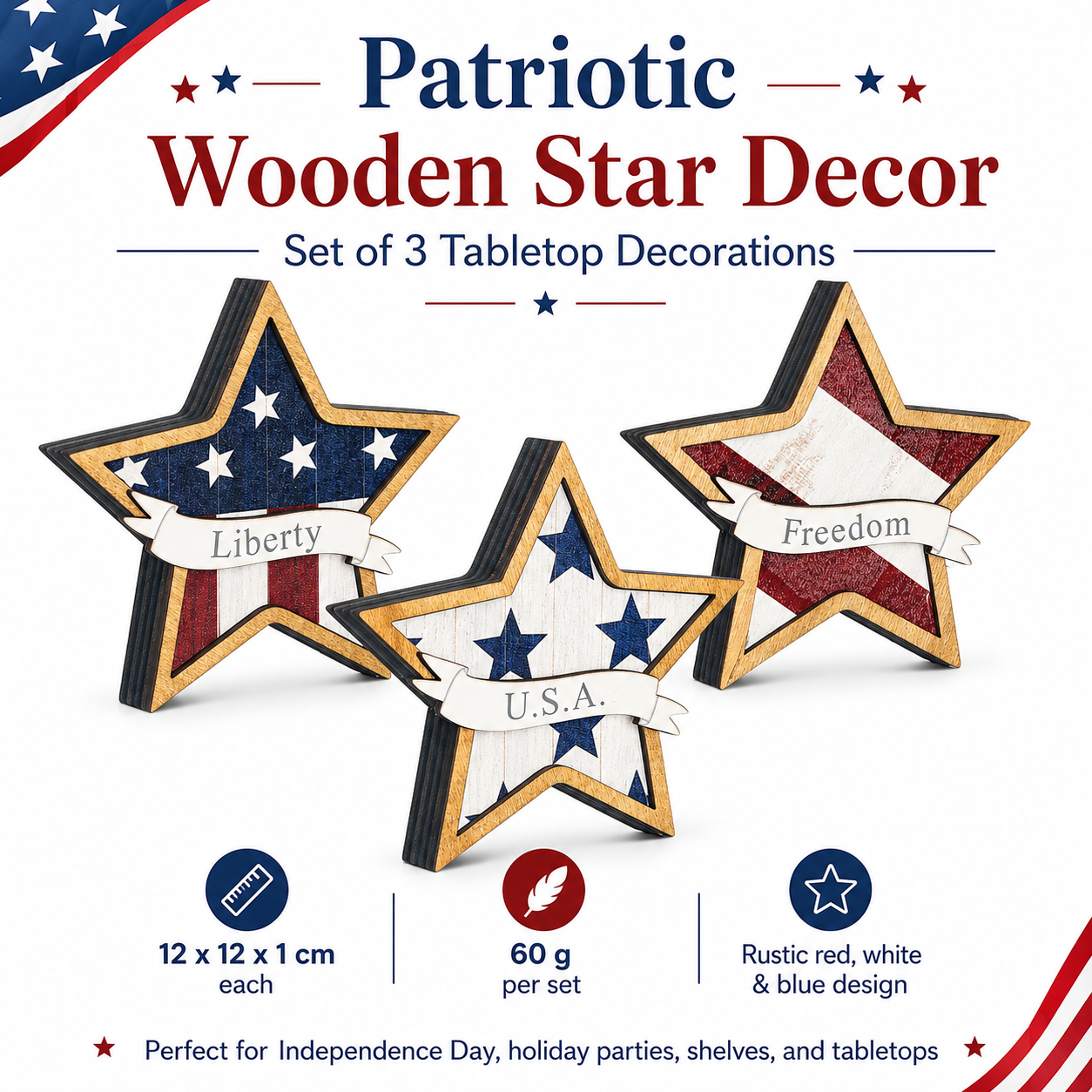 Patriotic Wooden Star Decorations – Set of 3 Red White Blue Tabletop Stars, 12x12x1cm, Lightweight 60g, Holiday & Independence Day Decor, American Flag Inspired