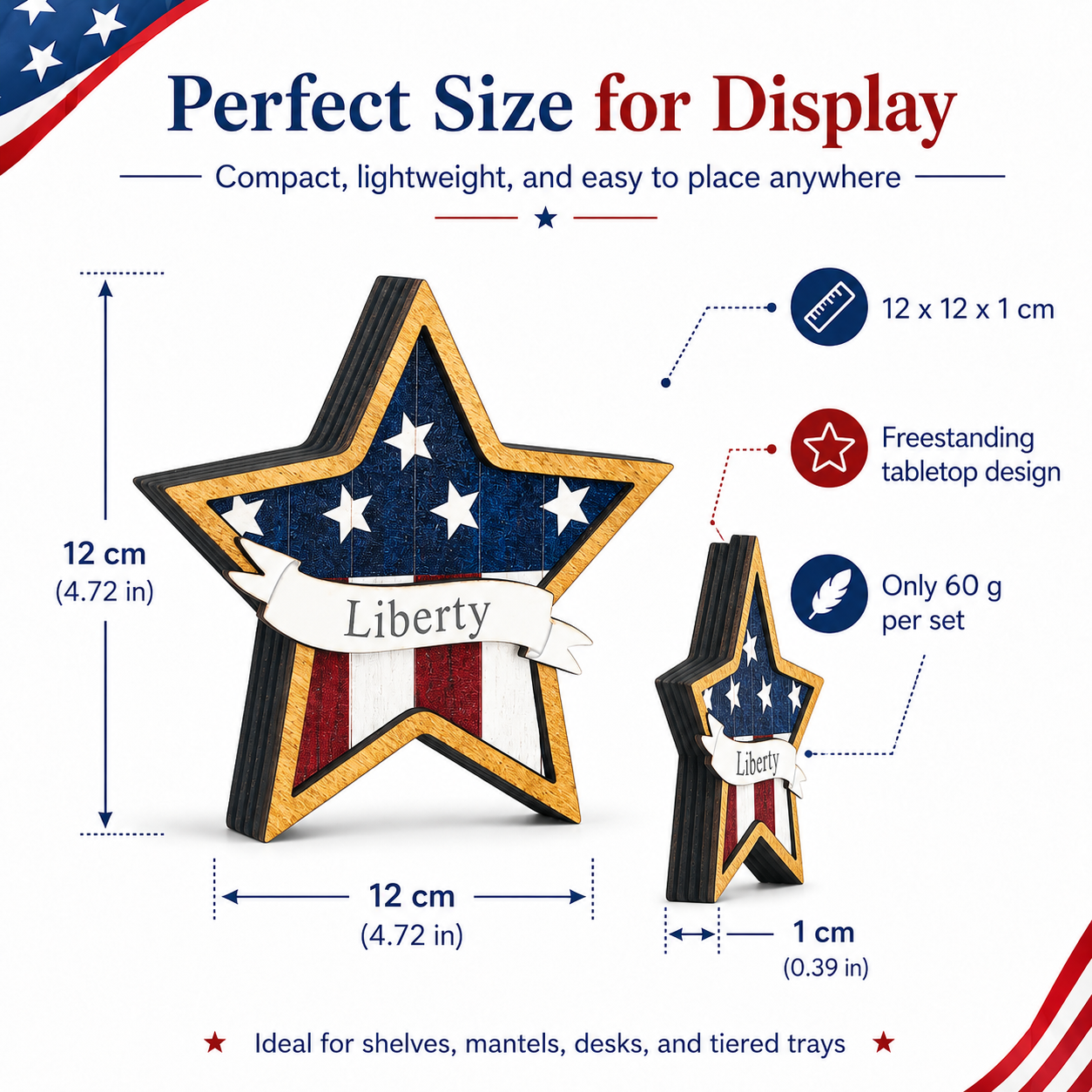 Patriotic Wooden Star Decorations – Set of 3 Red White Blue Tabletop Stars, 12x12x1cm, Lightweight 60g, Holiday & Independence Day Decor, American Flag Inspired