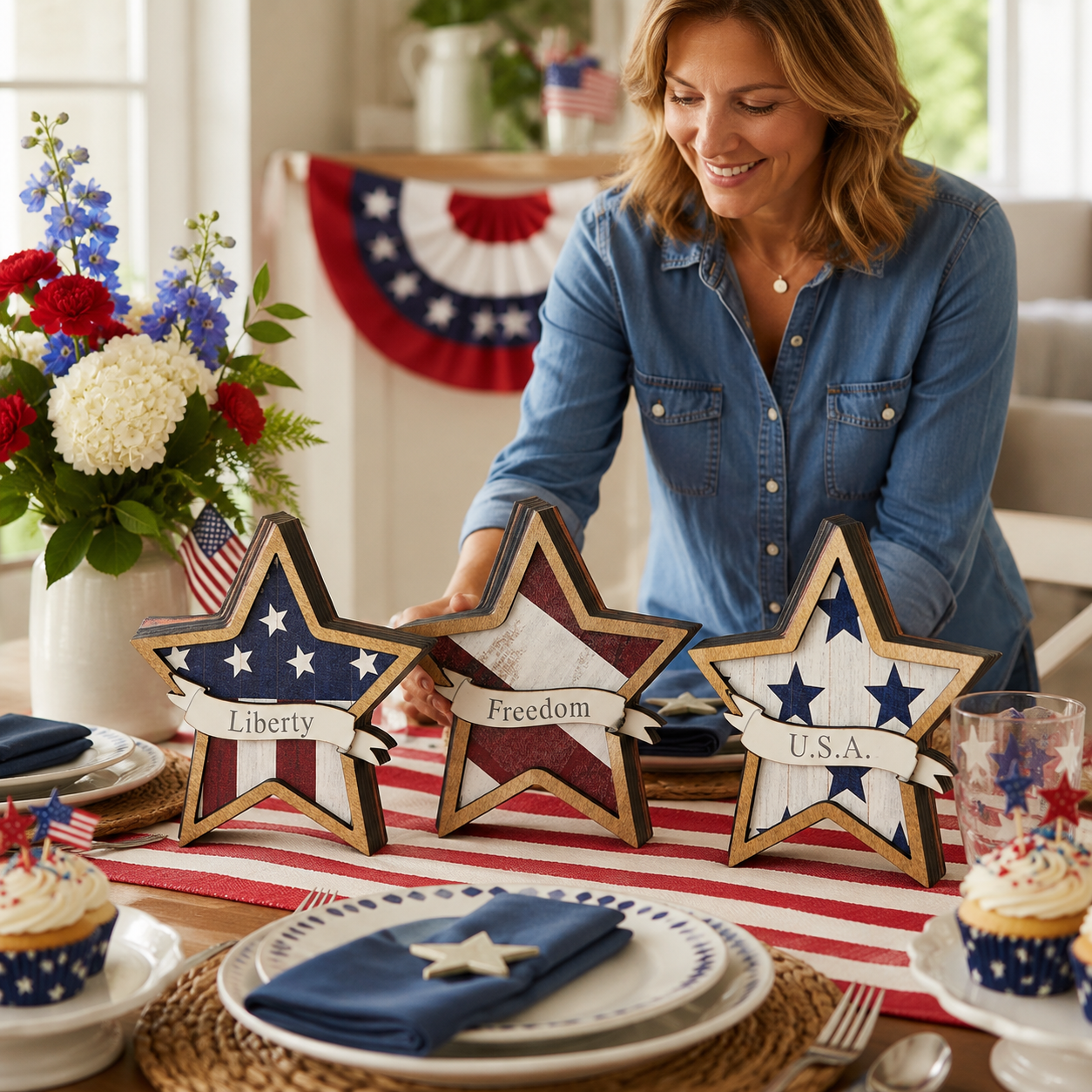 Patriotic Wooden Star Decorations – Set of 3 Red White Blue Tabletop Stars, 12x12x1cm, Lightweight 60g, Holiday & Independence Day Decor, American Flag Inspired