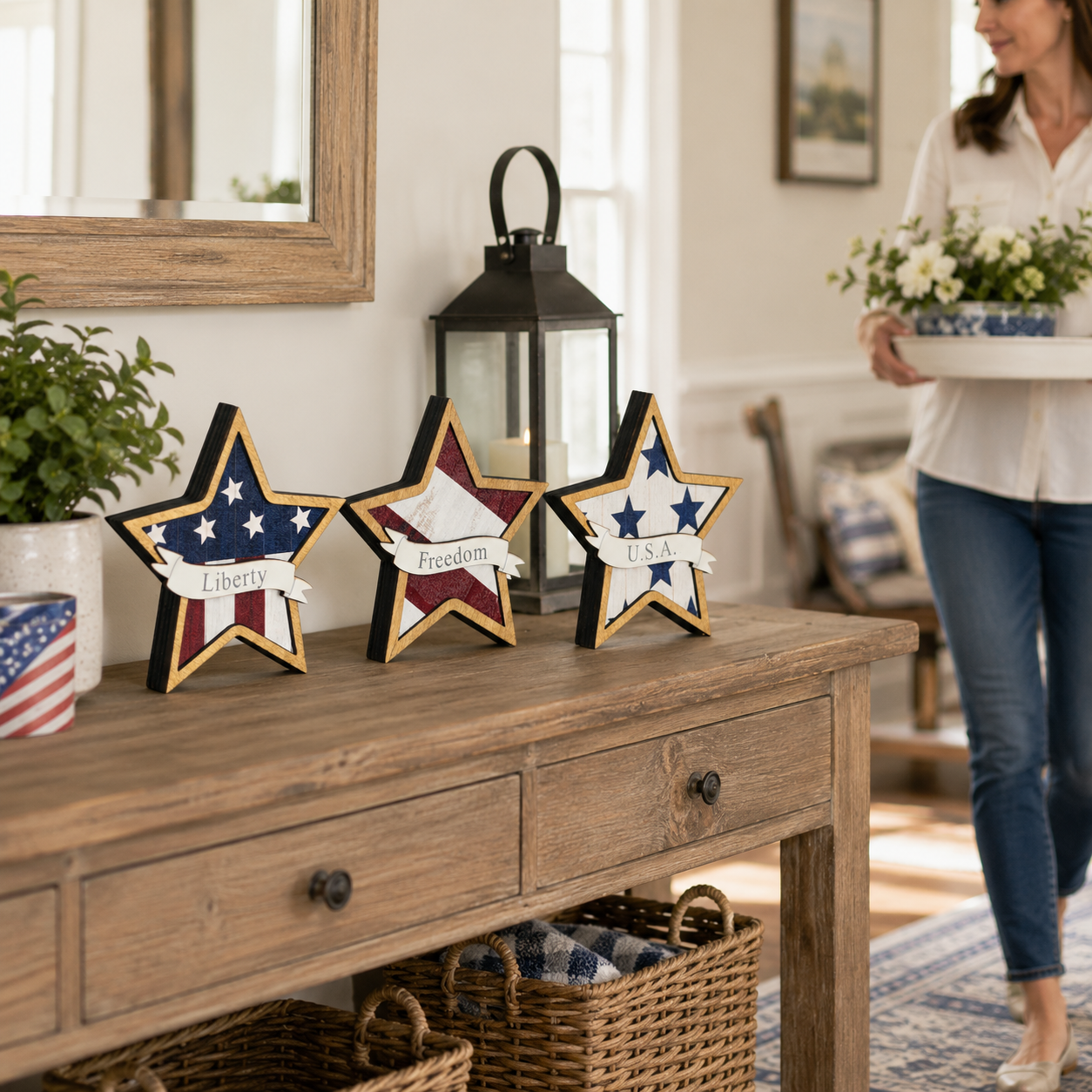 Patriotic Wooden Star Decorations – Set of 3 Red White Blue Tabletop Stars, 12x12x1cm, Lightweight 60g, Holiday & Independence Day Decor, American Flag Inspired