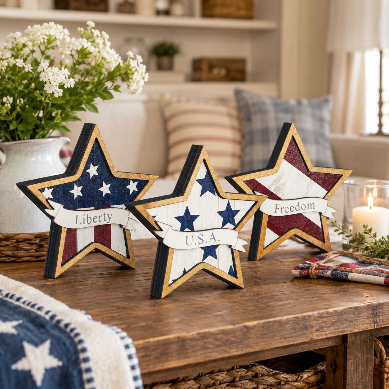 Patriotic Wooden Star Decorations – Set of 3 Red White Blue Tabletop Stars, 12x12x1cm, Lightweight 60g, Holiday & Independence Day Decor, American Flag Inspired