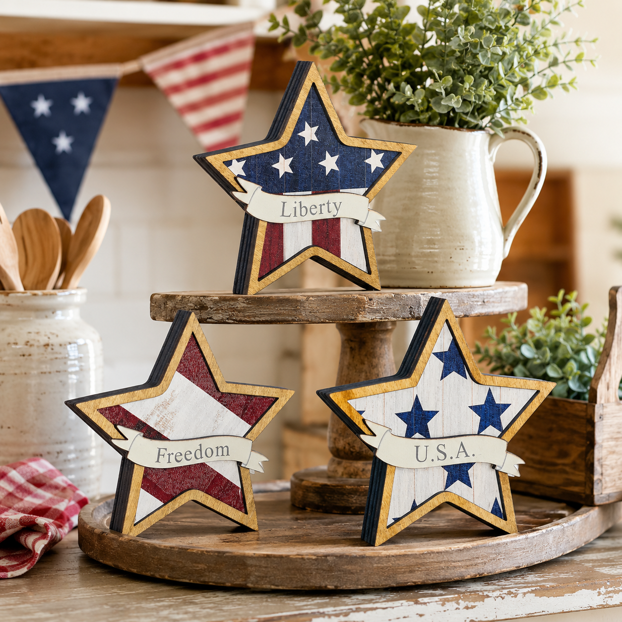 Patriotic Wooden Star Decorations – Set of 3 Red White Blue Tabletop Stars, 12x12x1cm, Lightweight 60g, Holiday & Independence Day Decor, American Flag Inspired