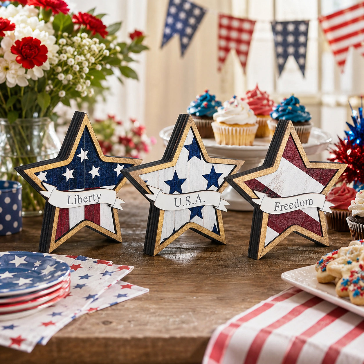 Patriotic Wooden Star Decorations – Set of 3 Red White Blue Tabletop Stars, 12x12x1cm, Lightweight 60g, Holiday & Independence Day Decor, American Flag Inspired