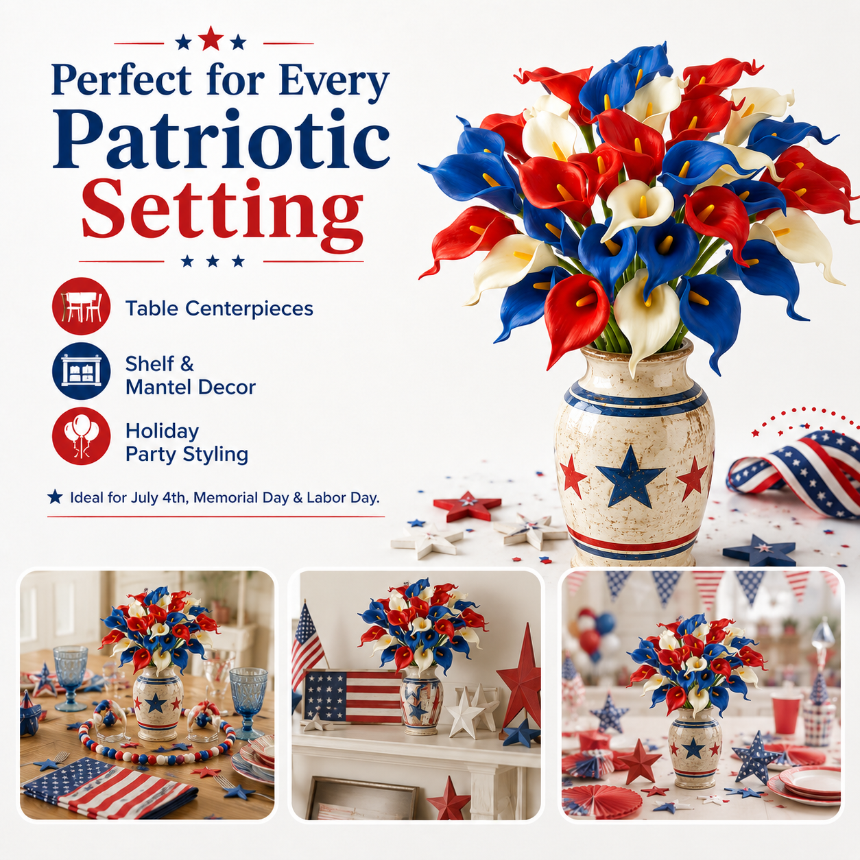 Red, White & Blue Artificial Calla Lily Bouquets – Patriotic Centerpiece for Home, Table & Outdoor Decor