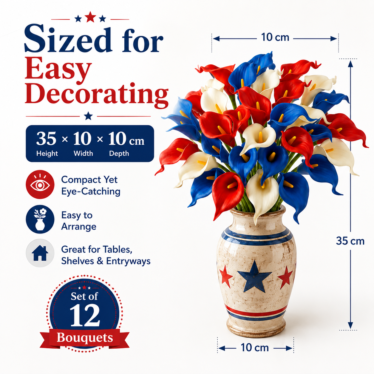 Red, White & Blue Artificial Calla Lily Bouquets – Patriotic Centerpiece for Home, Table & Outdoor Decor